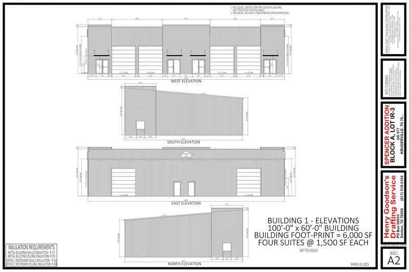 Architect’s elevations of the building from all four sides, showing ribbed metal cladding, the office windows and entry doors along the front, the overhead doors, and the roof falling from a high eave at the front to a lower eave at the back.