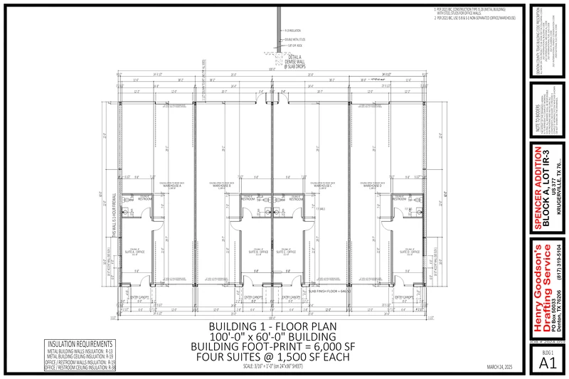 Dimensioned architect’s floor plan of a 100 by 60 foot building divided into four suites of 1,500 square feet. Each suite has an office and a private restroom at the front beside an entry canopy, a demising wall to its neighbour, and open warehouse behind served by an overhead door.